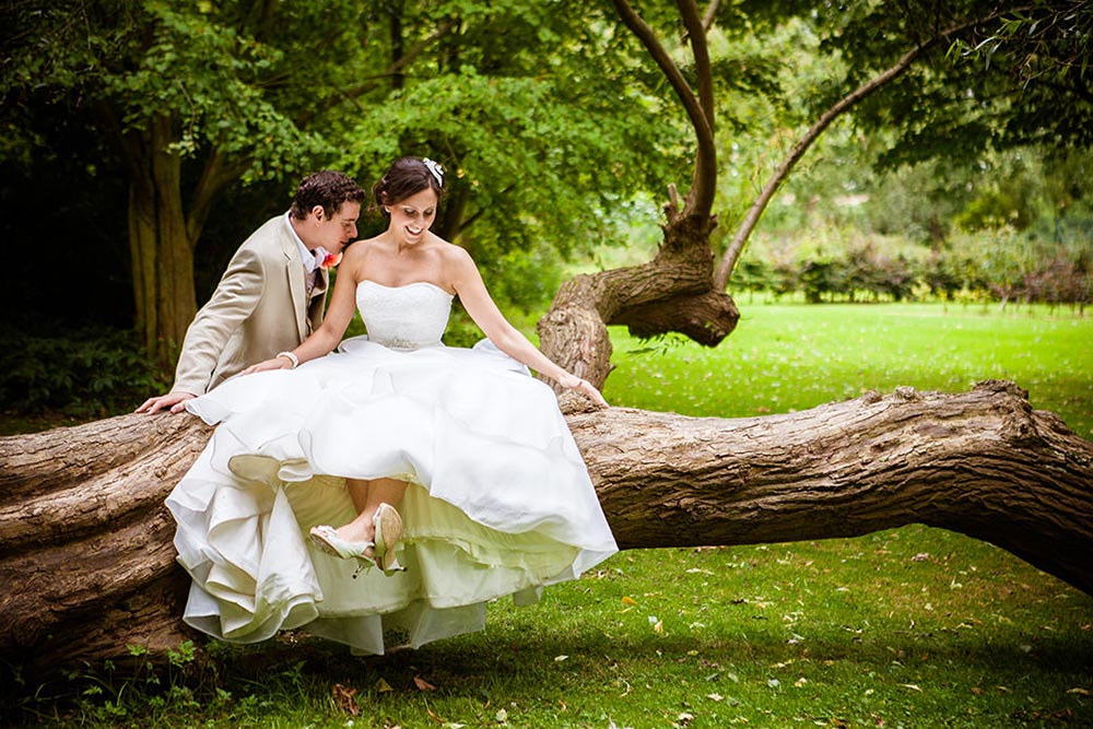 bride sitting on a branch while groom kisses her shoulder, brooksby wedding photographer